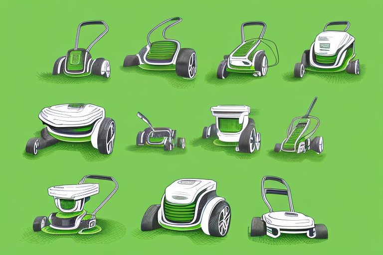 A variety of different lawn mowers in a grassy setting