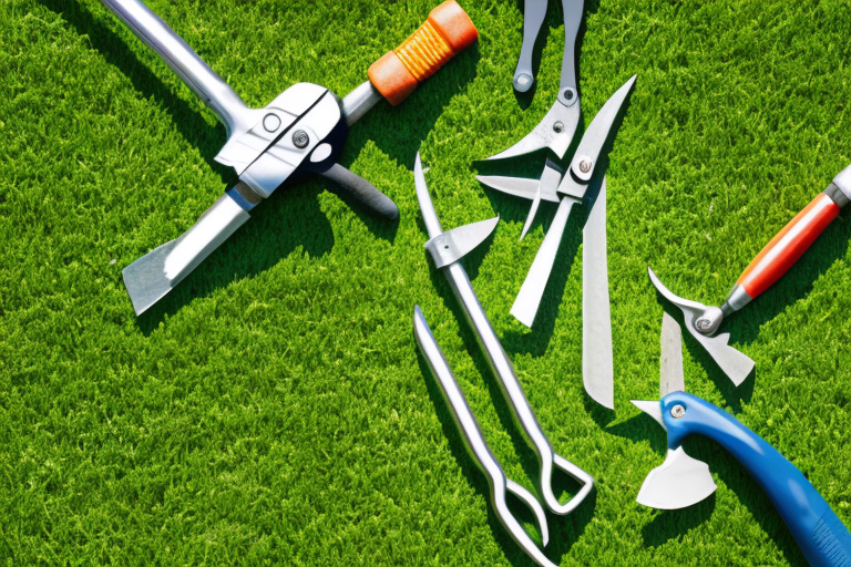 A lawn with tools and supplies for lawn renovation