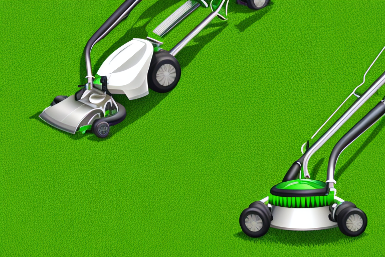A lush green lawn with a mower and other lawn care tools