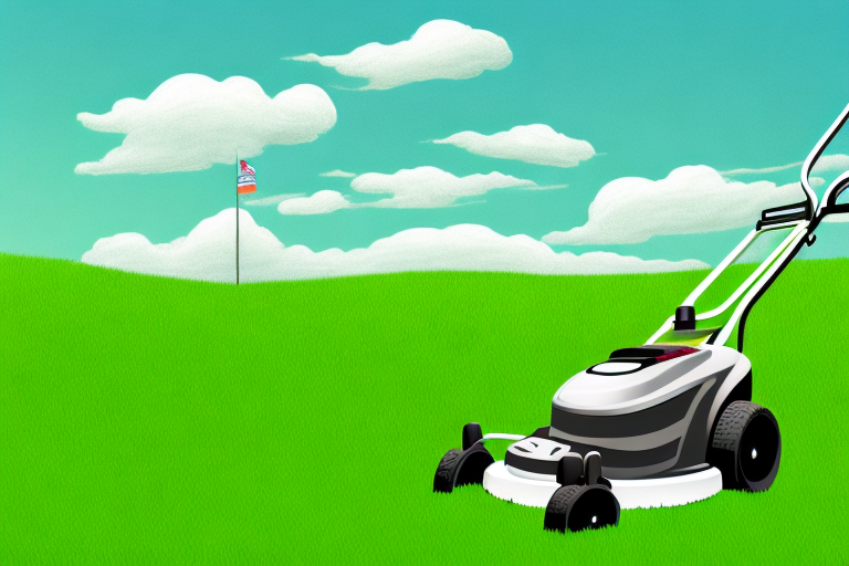 A lawn mower with a grassy landscape in the background