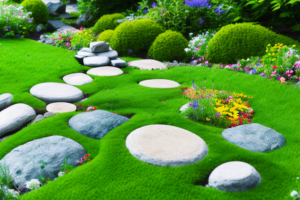A well-designed lawn featuring elements of hardscape such as a stone pathway