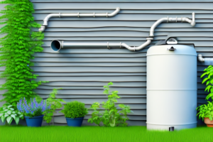 A rain barrel collecting water under a downspout of a house