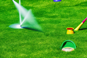 A vibrant green lawn with various lawn games such as horseshoes