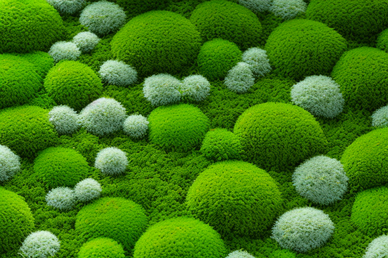 A variety of ground cover plants like moss